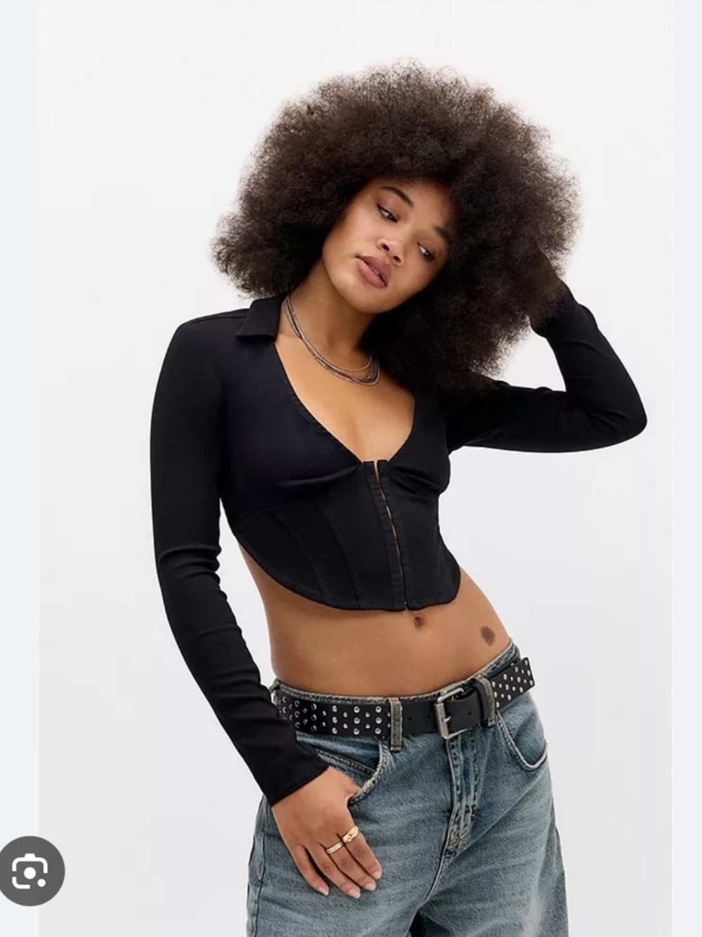 silence + noise Black Long-Sleeve Corset Crop Top